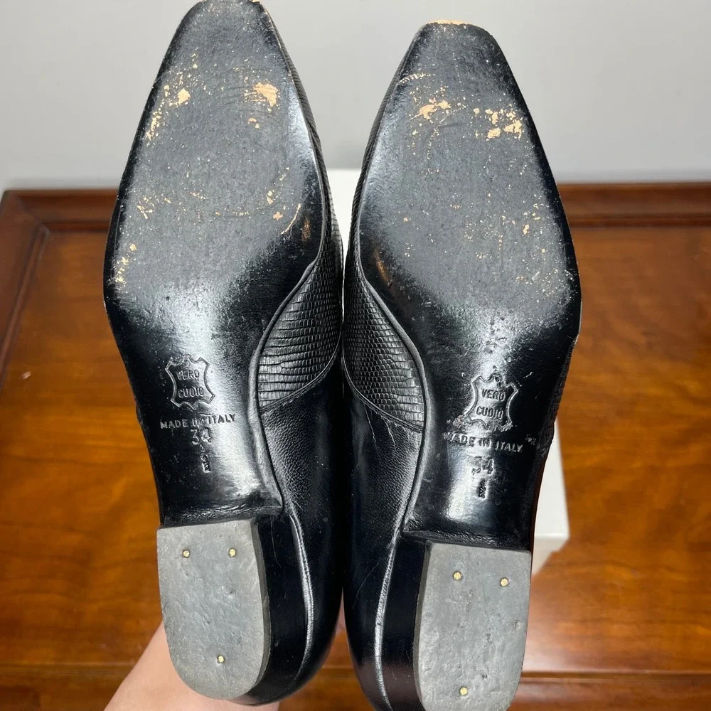 Rene Mancini Paris Black Leather Lizard Embossed Pointed Toe‎ Pumps 34.5/4.5